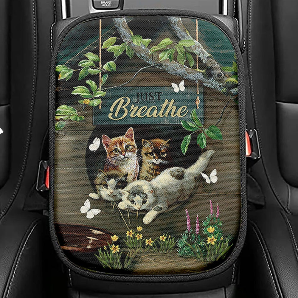 Cat Lovers Just Breathe Seat Box Cover, Christian Car Center Console Cover, Gift For Cat Lover