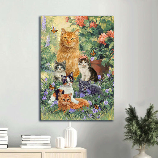 Cat Painting Purple Flower Garden Peace Drawing Canvas Wall Art - Christian Gift