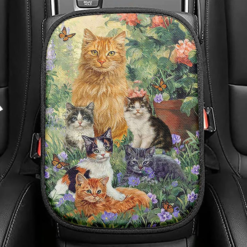 Cat Painting Purple Flower Garden Peace Seat Box Cover Seat Box Cover, Christian Car Center Console Cover, Bible Verse Car Interior Accessories