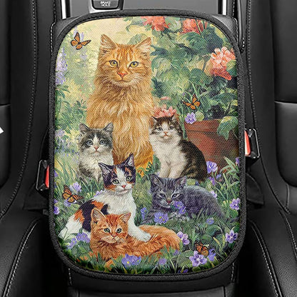Cat Painting Purple Flower Garden Peace Seat Box Cover Seat Box Cover, Christian Car Center Console Cover, Bible Verse Car Interior Accessories