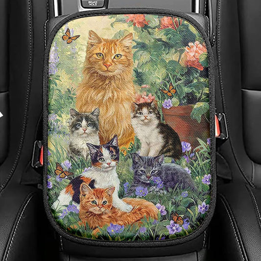 Cat Painting Purple Flower Garden Peace Seat Box Cover Seat Box Cover, Christian Car Center Console Cover, Bible Verse Car Interior Accessories