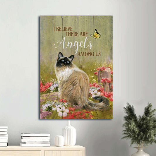 Cat Pink Flower Garden I Believe There Are Angels Among Us Canvas Wall Art - Christian Gift