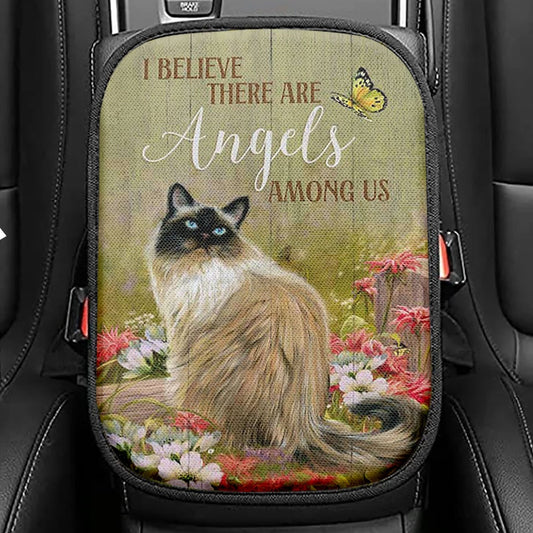 Cat Pink Flower Garden I Believe There Are Angels Among Us Seat Box Cover, Christian Car Center Console Cover