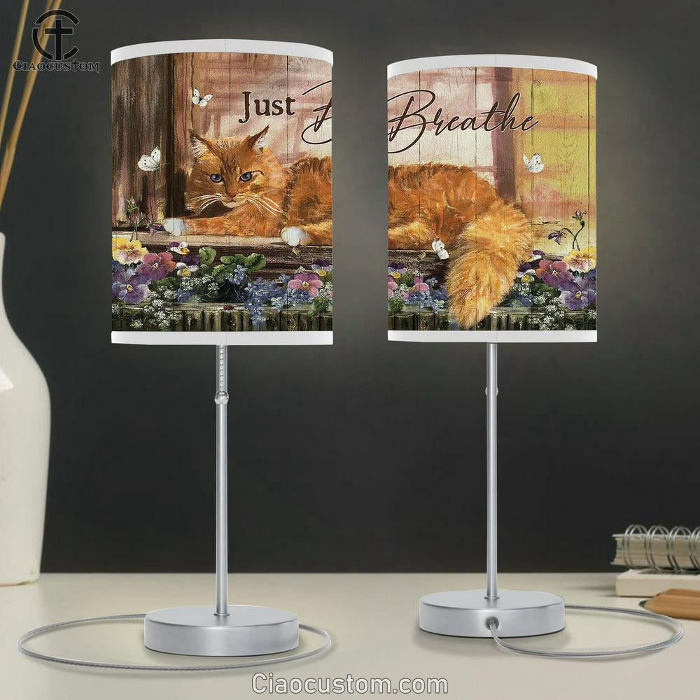 Cat Purple Flower Just Breathe Table Lamp For Bedroom - Bible Verse Table Lamp - Religious Room Decor