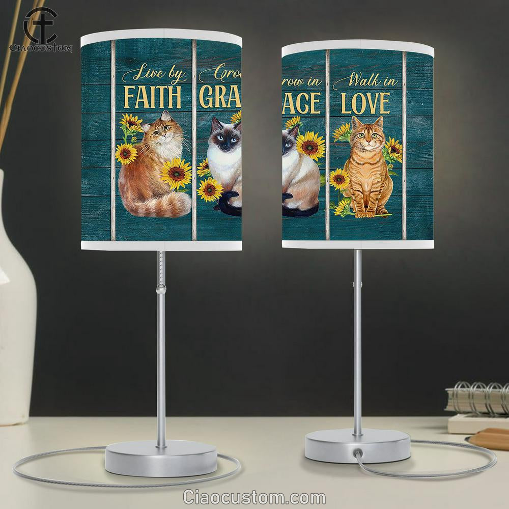 Cat Sunflower Live By Faith Walk In Love Table Lamp For Bedroom - Bible Verse Table Lamp - Religious Room Decor