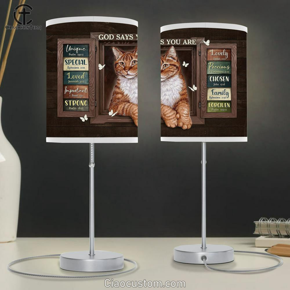 Cat White Butterfly God Says You Are Unique Table Lamp For Bedroom - Bible Verse Table Lamp - Religious Room Decor