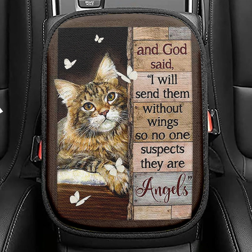 Cat White Butterfly I Will Send Them Without Wings Seat Box Cover, Christian Car Center Console Cover, Gift For Cat Lover