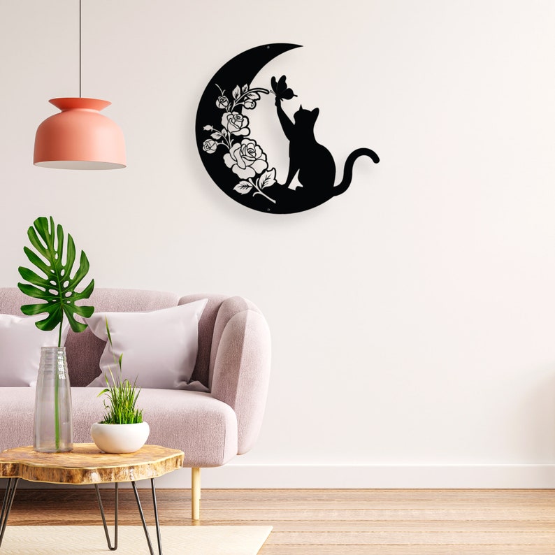 Cat and Moon Metal Wall Art - Cat Lover Gift - Animal Decor - Housewarming Gift - Moon Cat Metal Sign