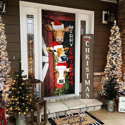 Cattle Cow Merry Christmas Door Cover - Front Door Christmas Cover - Christmas Outdoor Decoration