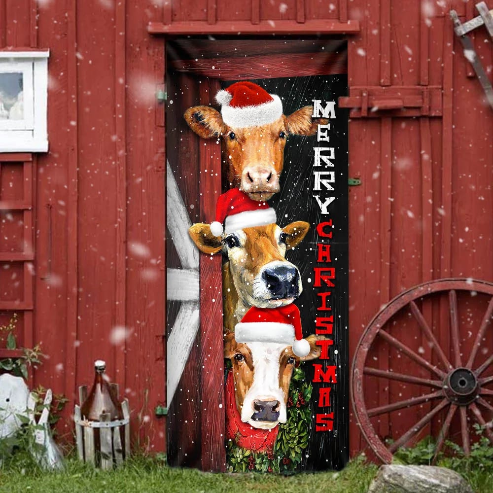 Cattle Cow Merry Christmas Door Cover - Front Door Christmas Cover - Christmas Outdoor Decoration