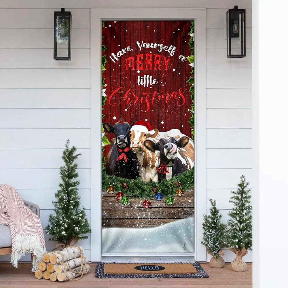 Cattle Merry Christmas Door Cover - Front Door Christmas Cover - Christmas Outdoor Decoration