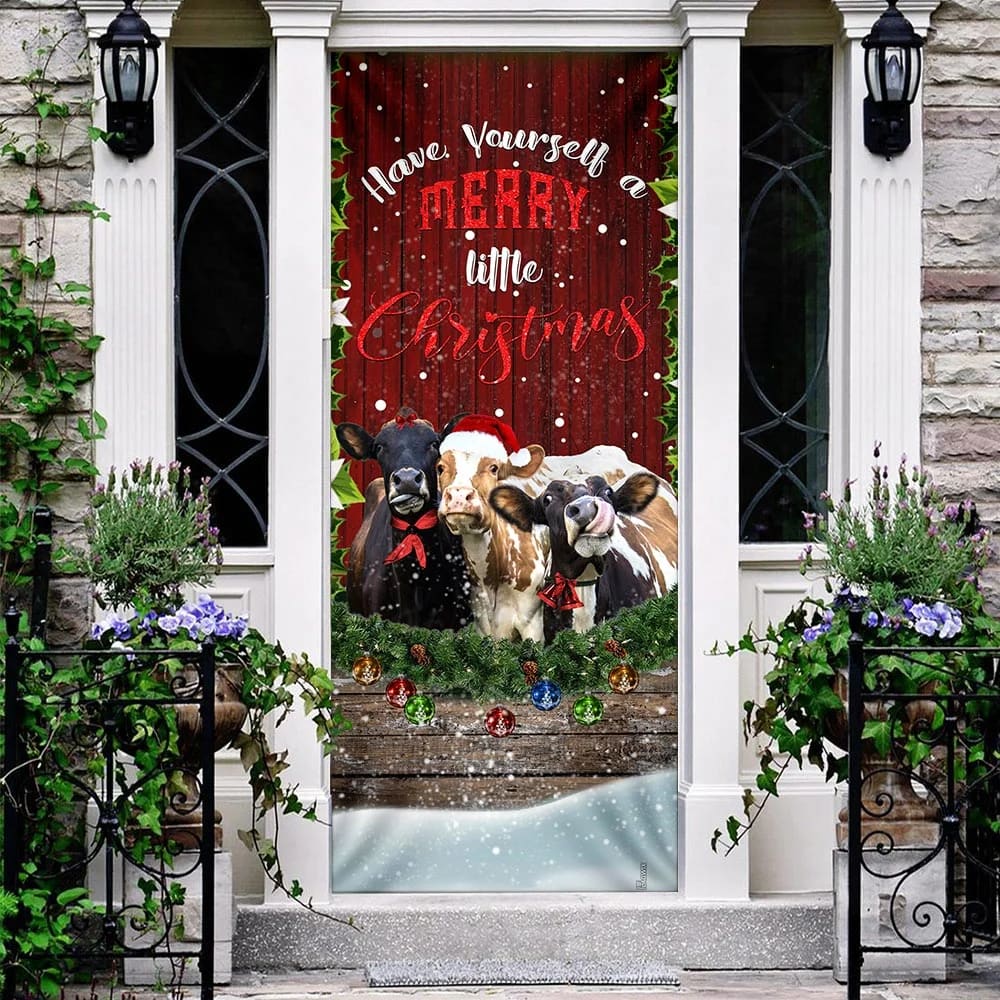 Cattle Merry Christmas Door Cover - Front Door Christmas Cover - Christmas Outdoor Decoration