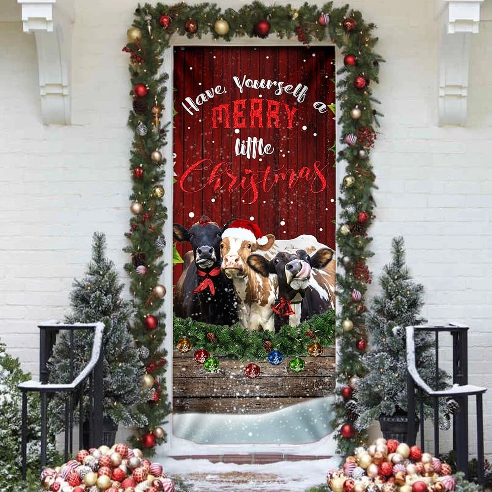 Cattle Merry Christmas Door Cover - Front Door Christmas Cover - Christmas Outdoor Decoration