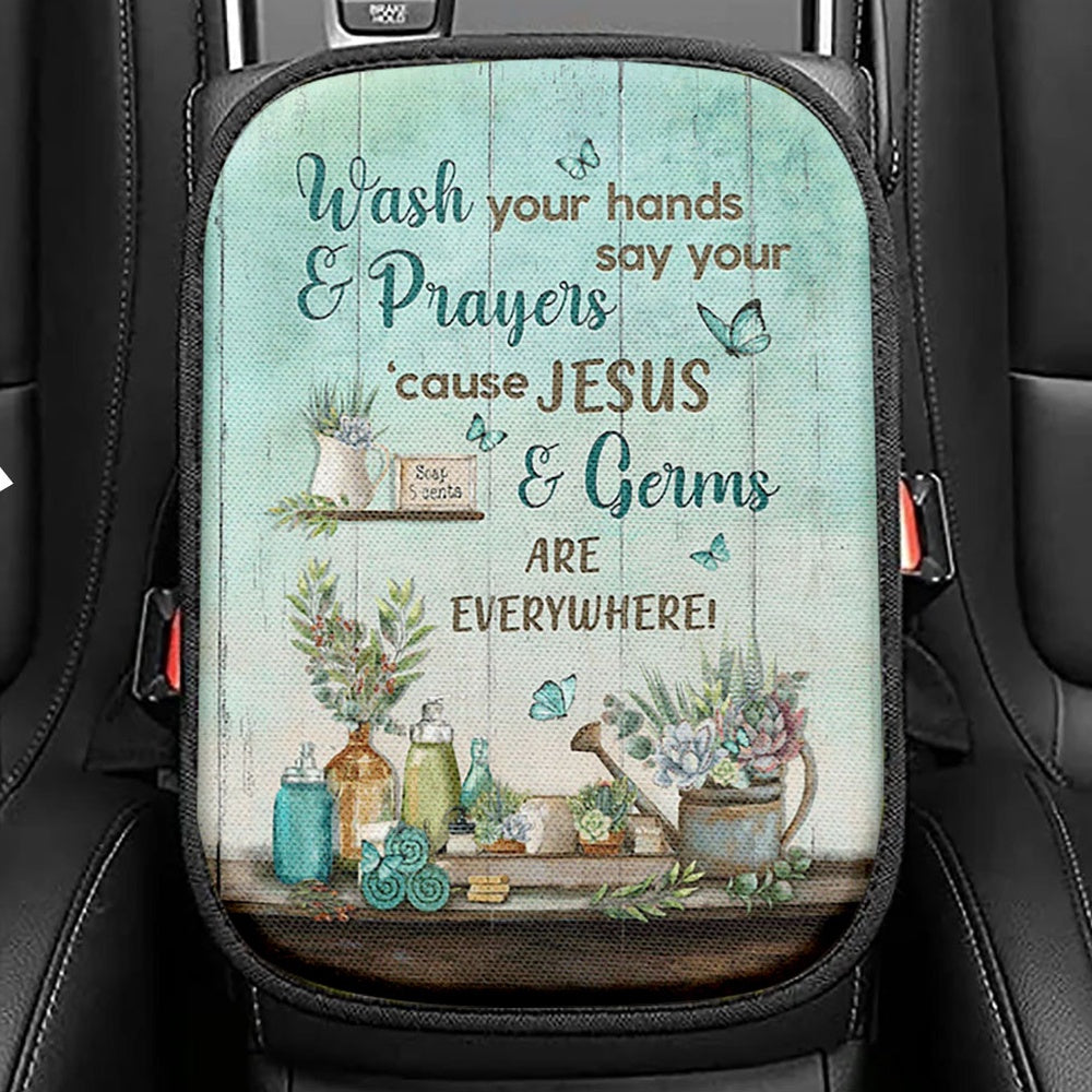 Cause Jesus And Germs Are Everywhere Bathroom Blue Butterfly Seat Box Cover, Christian Car Center Console Cover