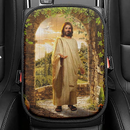 Cave Green Forest Walking With Jesus Seat Box Cover, Christian Car Center Console Cover, Bible Verse Car Interior Accessories