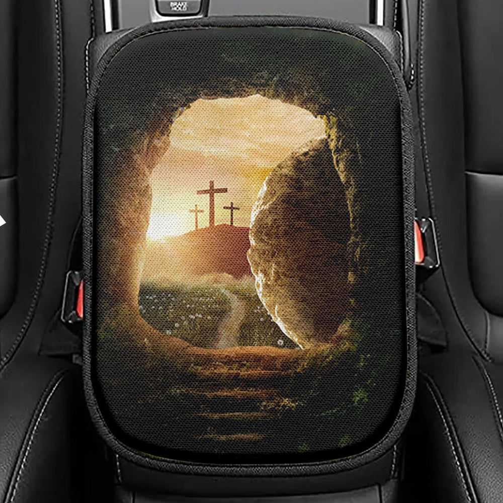 Cave Sunrise Three Crosses The Path To Paradise Seat Box Cover, Christian Car Center Console Cover, Bible Verse Car Interior Accessories