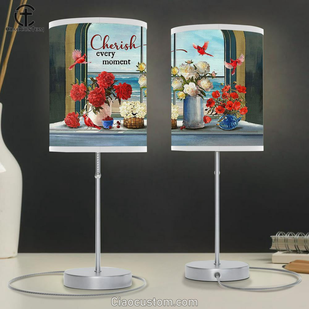 Cherish Every Moment Cardinals Red And White Flower Vase Beach View Large Table Lamp - Christian Lamp Art - Bible Verse Table Lamp Art