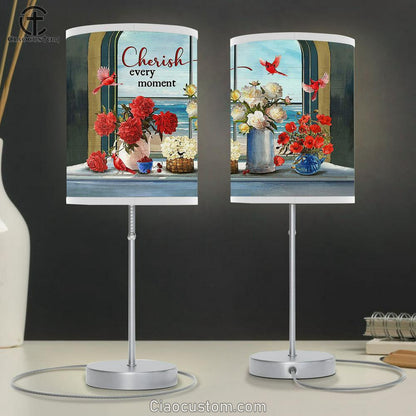 Cherish Every Moment Cardinals Red And White Flower Vase Beach View Large Table Lamp - Christian Lamp Art - Bible Verse Table Lamp Art