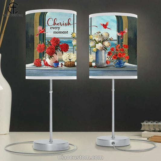 Cherish Every Moment Cardinals Red And White Flower Vase Beach View Large Table Lamp - Christian Lamp Art - Bible Verse Table Lamp Art