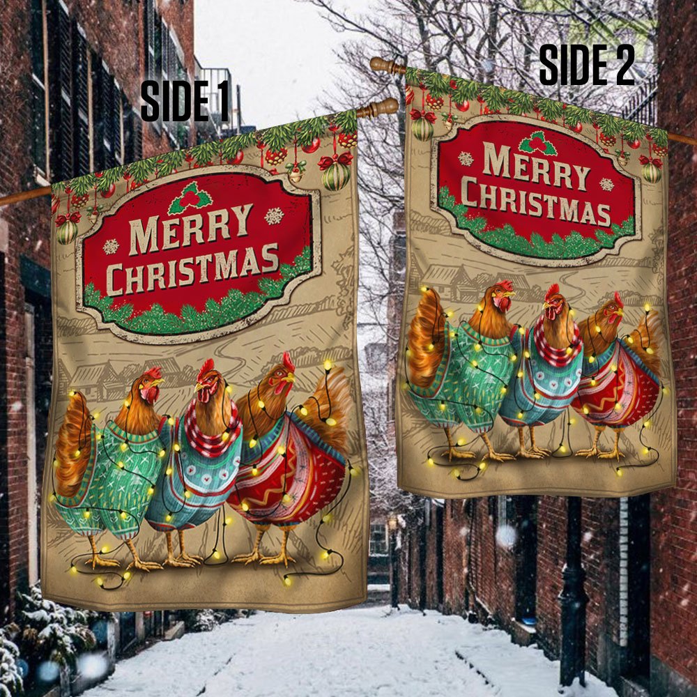 Chicken Christmas Flag Three Hens With Light Vintage Flag - Religious Christmas House Flags