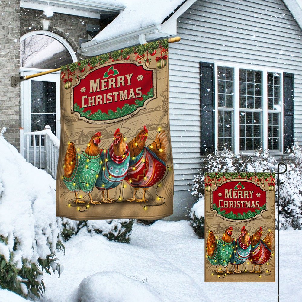 Chicken Christmas Flag Three Hens With Light Vintage Flag - Religious Christmas House Flags