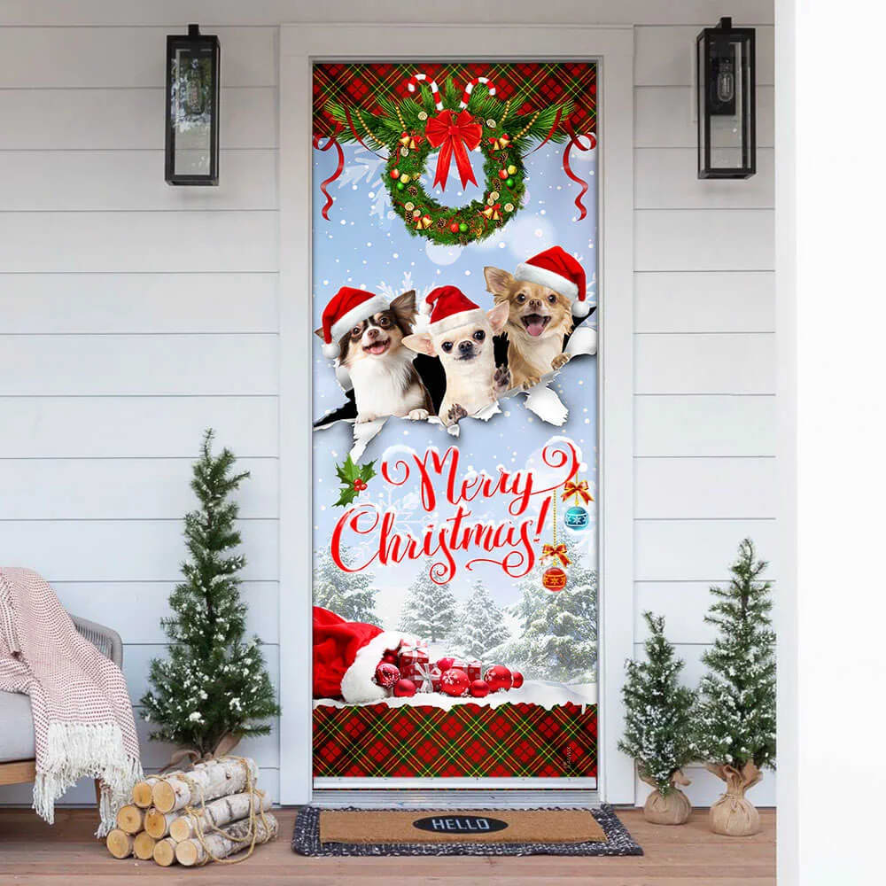 Chihuahua Merry Christmas Door Cover - Front Door Christmas Cover - Christmas Outdoor Decoration