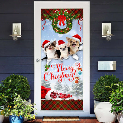 Chihuahua Merry Christmas Door Cover - Front Door Christmas Cover - Christmas Outdoor Decoration
