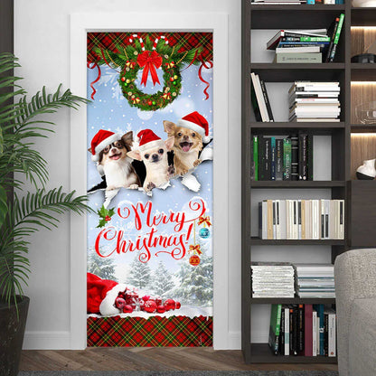 Chihuahua Merry Christmas Door Cover - Front Door Christmas Cover - Christmas Outdoor Decoration