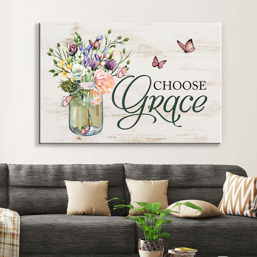 Choose Grace Wall Art Canvas - Flower Butterfly Christian Wall Decor - Religious Wall Decor