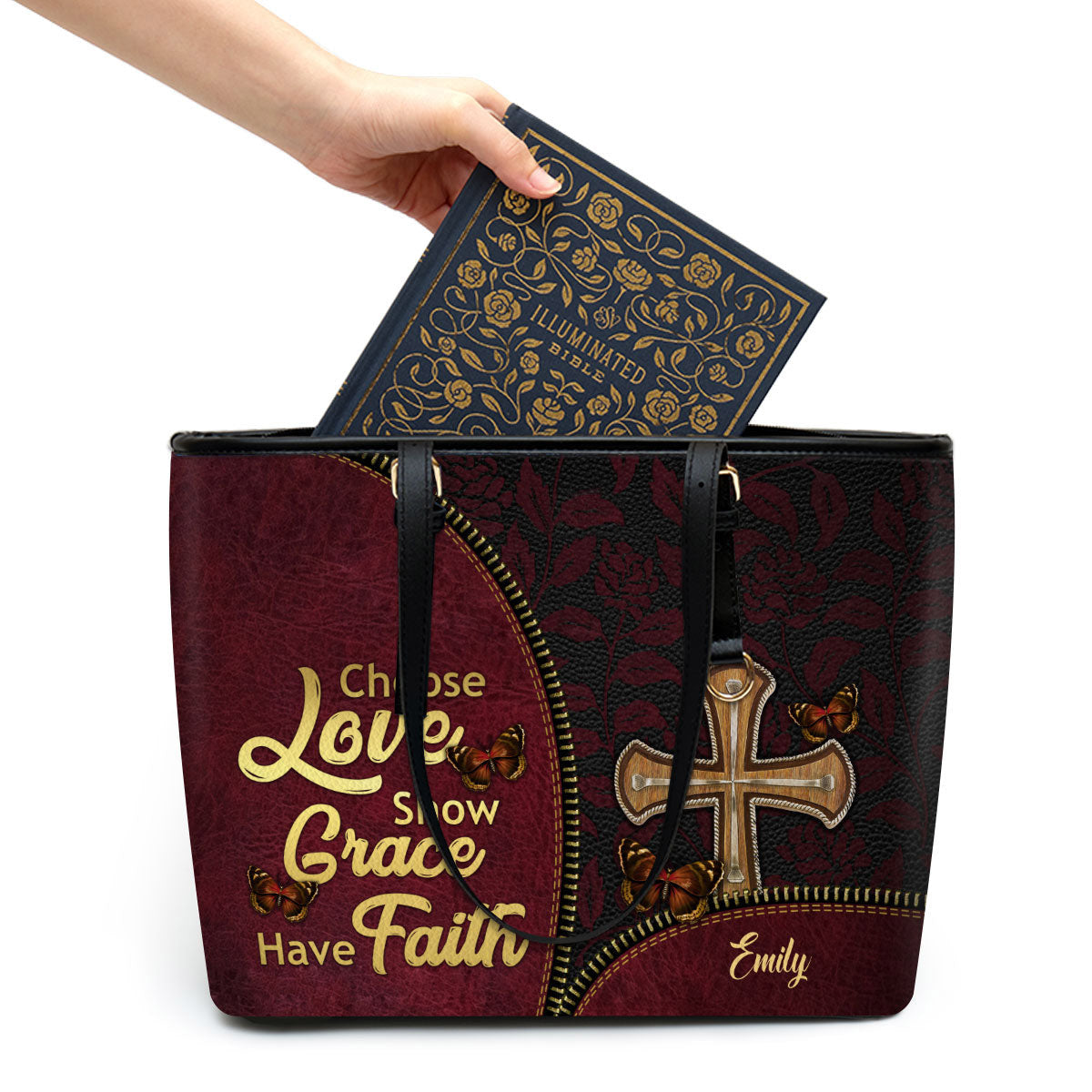 Choose Love Show Grace Have Faith Personalized Large Leather Tote Bag - Christian Gifts For Women