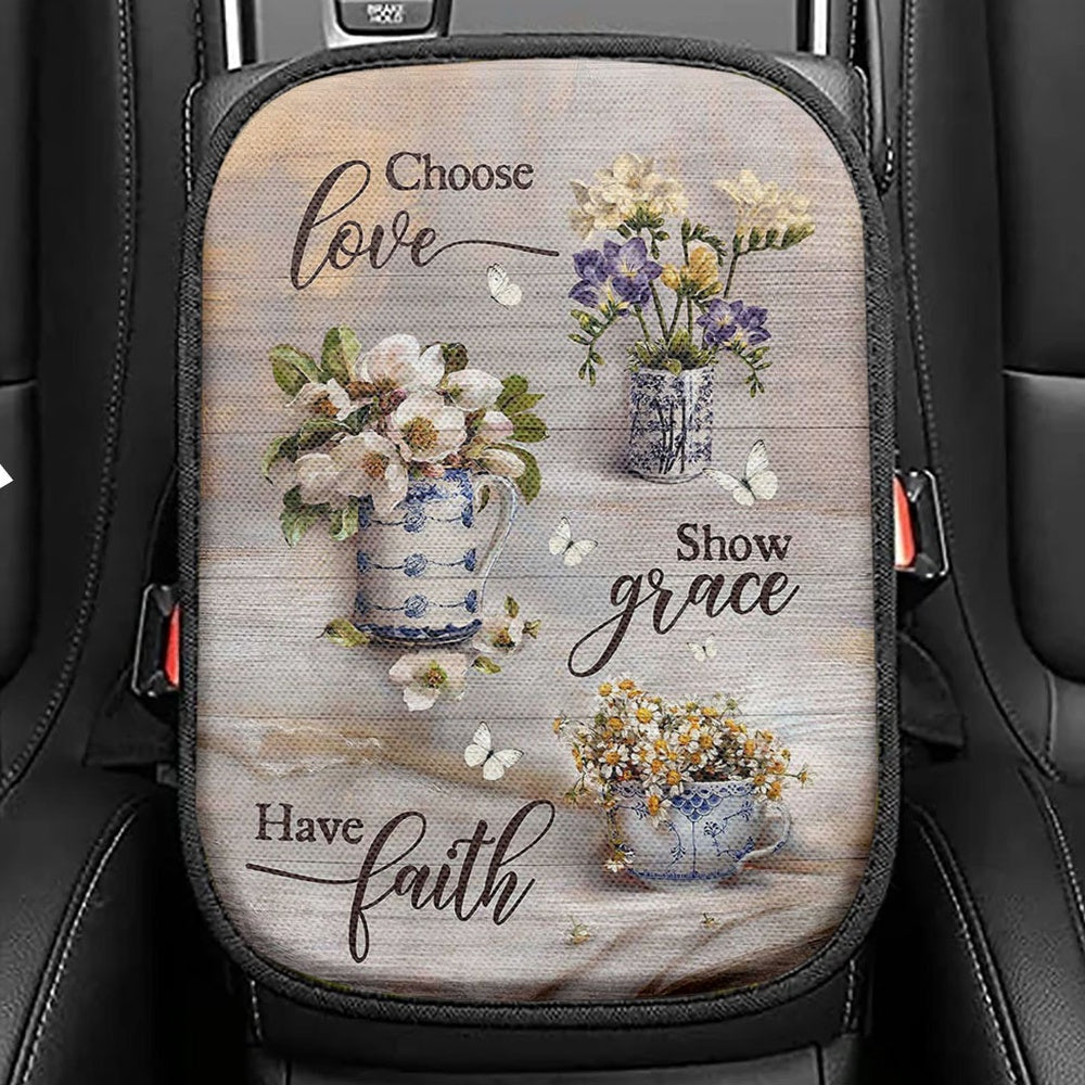 Chose Love Show Grace Have Faith Vintage Flower Seat Box Cover, Christian Car Center Console Cover, Bible Verse Car Interior Accessories