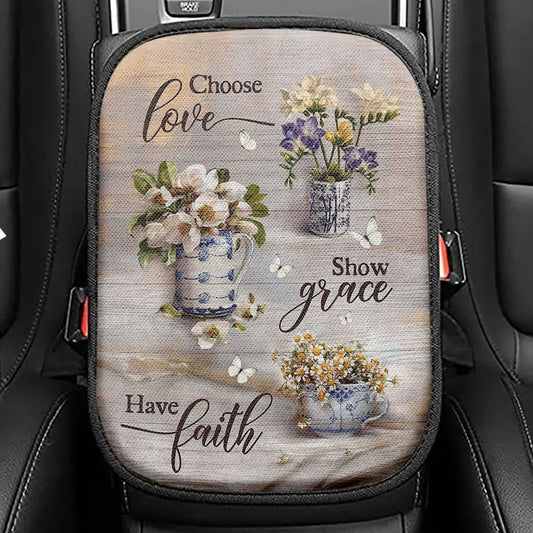 Chose Love Show Grace Have Faith Vintage Flower Seat Box Cover, Christian Car Center Console Cover, Bible Verse Car Interior Accessories