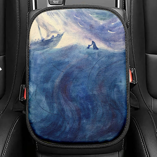 Christ And Peter Sea Of Galilee Seat Box Cover, Jesus Car Center Console Cover, Christian Car Interior Accessories