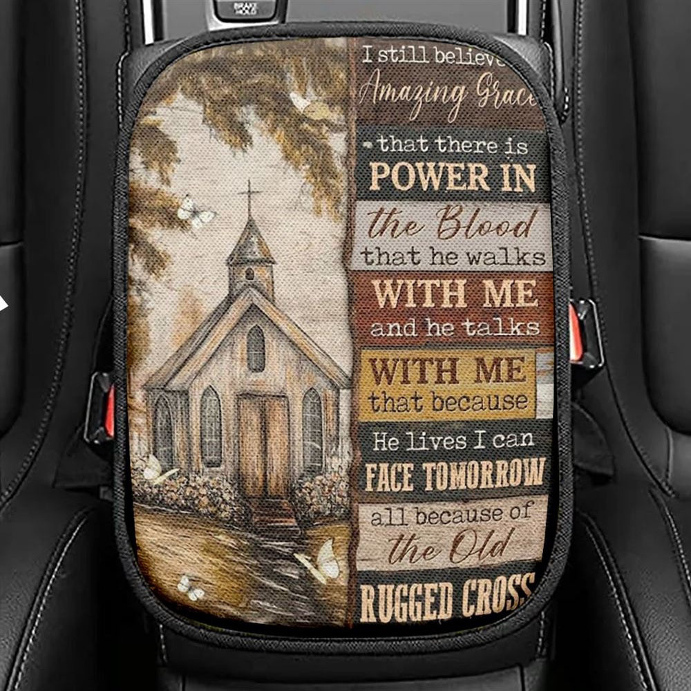 Christ Church, Church Drawing, The Old Rugged Cross Car Center Console Cover, Christian Armrest Seat Cover, Bible Seat Box Cover