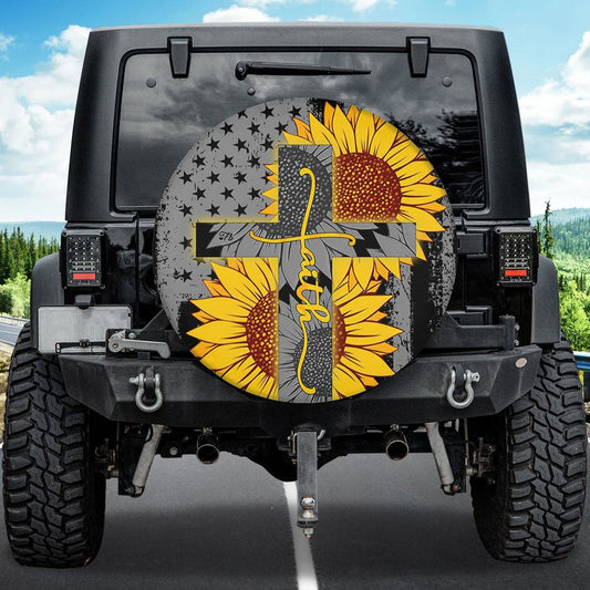 Christ Cross Faith Spare Tire Cover - Cross Sunflower Tire Cover - American Flag Tire Cover Patriot Gift