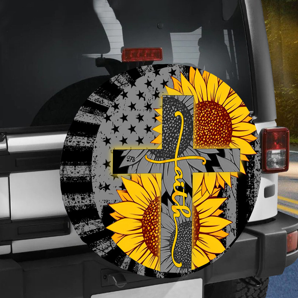 Christ Cross Faith Spare Tire Cover - Cross Sunflower Tire Cover - American Flag Tire Cover Patriot Gift