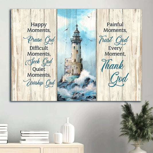 Christ Lighthouse Beach Painting Beautiful Albatross Every Moment Thank God Canvas Wall Art - Christian Wall Decor