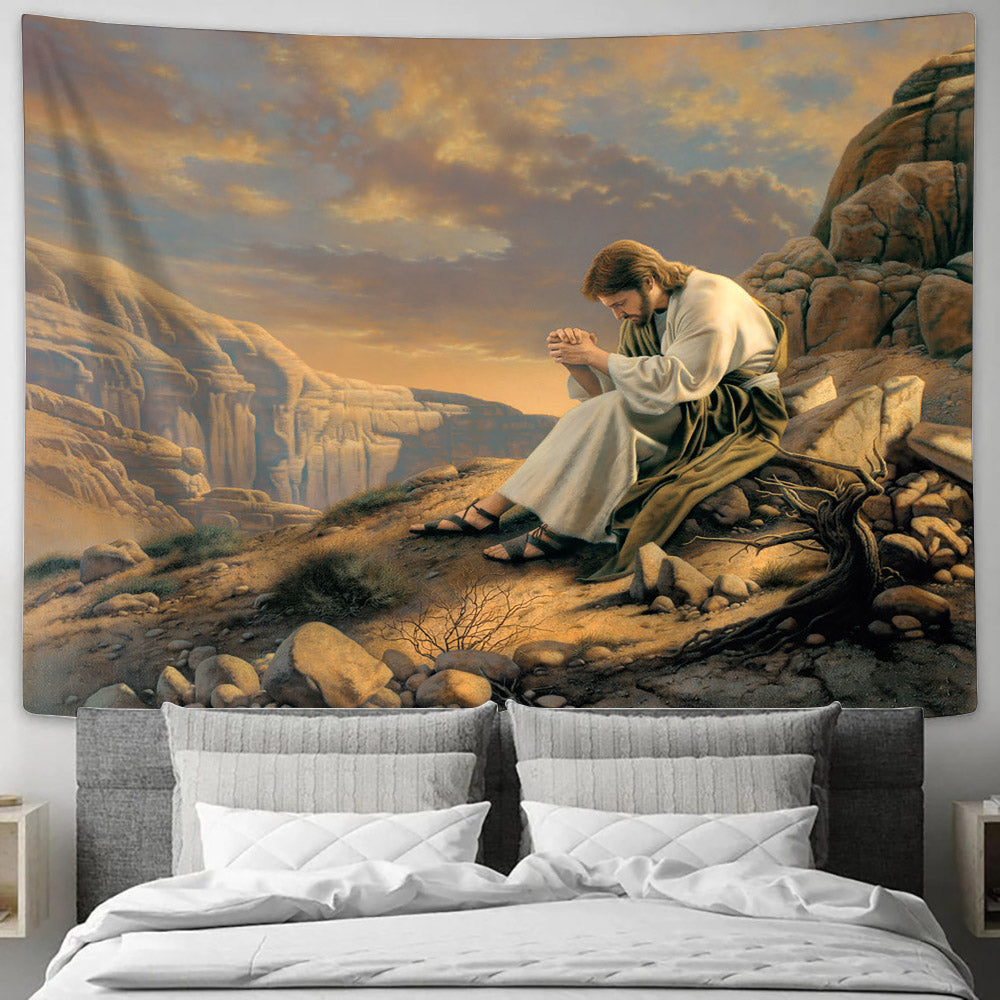 Christ Praying in the Desert Tapestry - To Be With God Tapestry Christian - Jesus Pictures - Christian Wall Tapestry