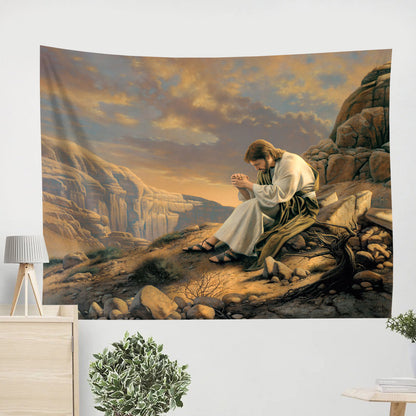 Christ Praying in the Desert Tapestry - To Be With God Tapestry Christian - Jesus Pictures - Christian Wall Tapestry