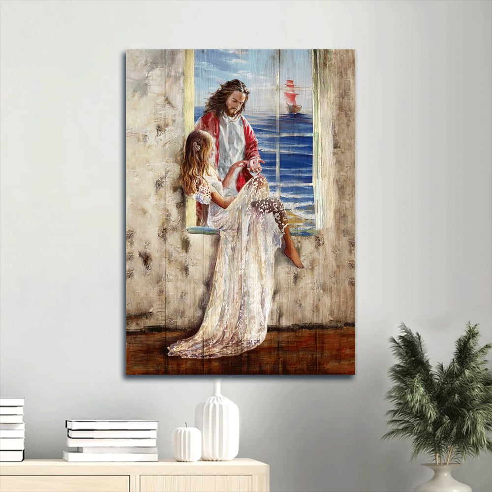 Christ The Redeemer Canvas Wall Art - Beautiful Girl Blue Ocean Wooden Sailboat Abstract Art Portrait Canvas - Gift For Religious Christian