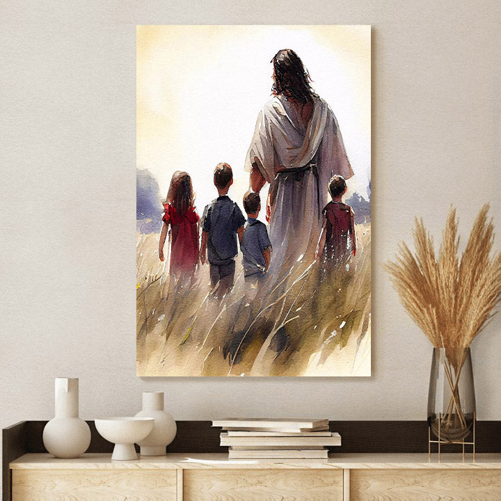 Christ Walking With Children Peaceful And Inspiring Watercolor - Jesus Canvas Pictures - Christian Wall Art