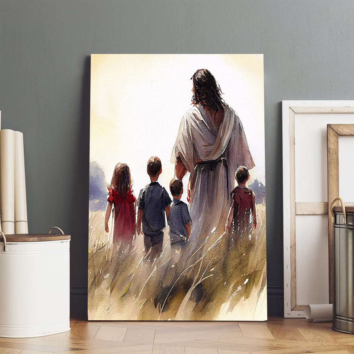 Christ Walking With Children Peaceful And Inspiring Watercolor - Jesus Canvas Pictures - Christian Wall Art