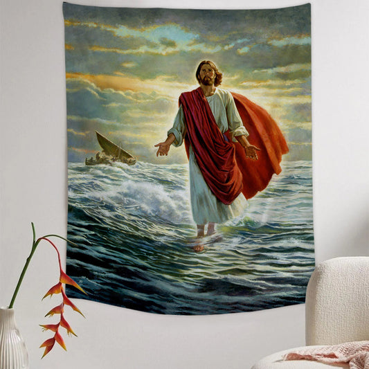 Christ Walking on the Water Tapestry - Jesus Picture - Religious Tapestry - Christian Tapestry Wall Hangings
