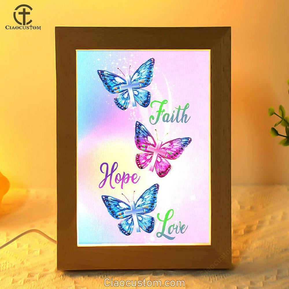 Christian - Faith Hope Love Butterfly Art Frame Lamp Prints - Bible Verse Wooden Lamp - Scripture Night Light