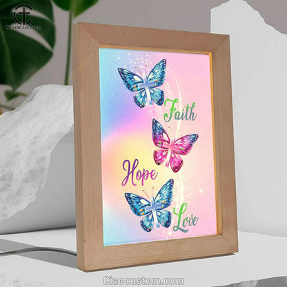 Christian - Faith Hope Love Butterfly Art Frame Lamp Prints - Bible Verse Wooden Lamp - Scripture Night Light