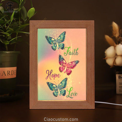 Christian - Faith Hope Love Butterfly Art Frame Lamp Prints - Bible Verse Wooden Lamp - Scripture Night Light