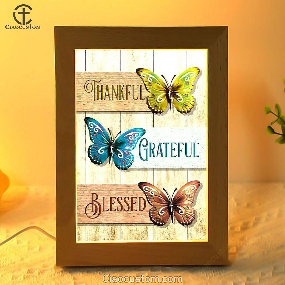 Christian Butterfly Thankful Grateful Blessed Frame Lamp Prints - Bible Verse Wooden Lamp - Scripture Night Light