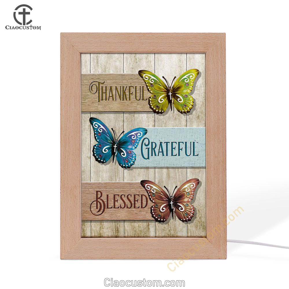 Christian Butterfly Thankful Grateful Blessed Frame Lamp Prints - Bible Verse Wooden Lamp - Scripture Night Light