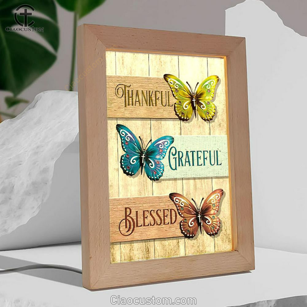 Christian Butterfly Thankful Grateful Blessed Frame Lamp Prints - Bible Verse Wooden Lamp - Scripture Night Light