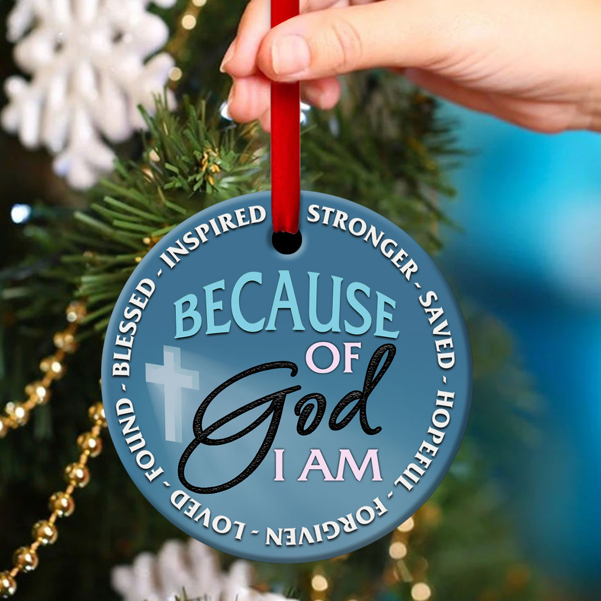 Christian Ceramic Circle Ornament - God Strengthens Me - Ornaments Hanging Gift - Nativity Ornaments
